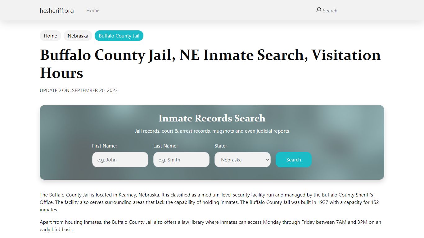 Buffalo County Jail, NE Inmate Search, Visitation Hours